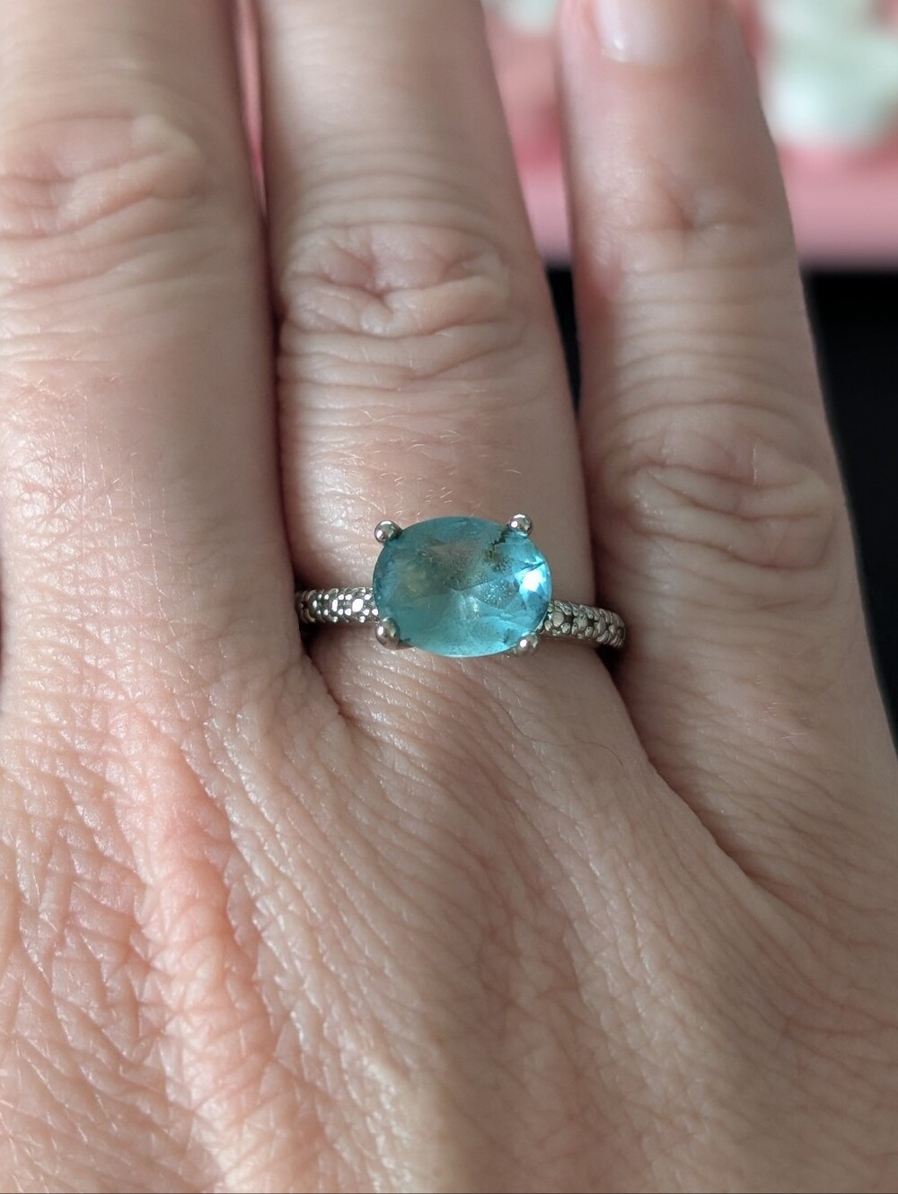Blue Stone Fashion Ring – Size 6.75 – Silver Tone Statement Ring